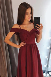 Burgundy Satin Off Shoulder Prom Dresses, Long Bridesmaid Dresses